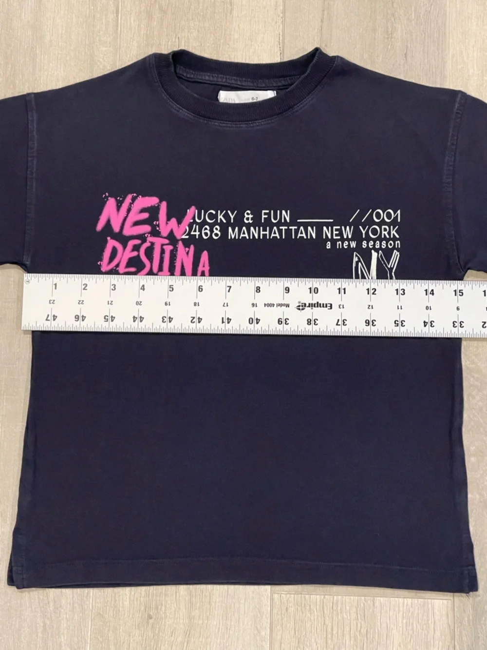 ZARA Kids New Destination NY Graphic T-Shirt Navy Blue Pink Size 6–7 cool